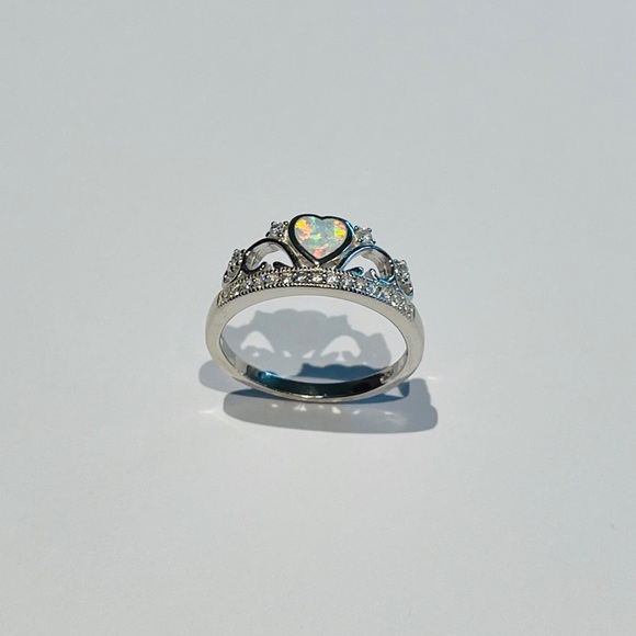 Sterling Silver White Lab Opal Heart with CZ Crown Ring, Silver Hearts Jewelry - Picture 10 of 12
